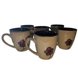 Set of 6 Vintage Pfaltzgraff Studio Aster Coffee Mugs Red Floral Brown Stoneware